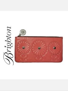 Brighton Vintage Floral Embossed Leather Slim Wallet in Salmon Pink